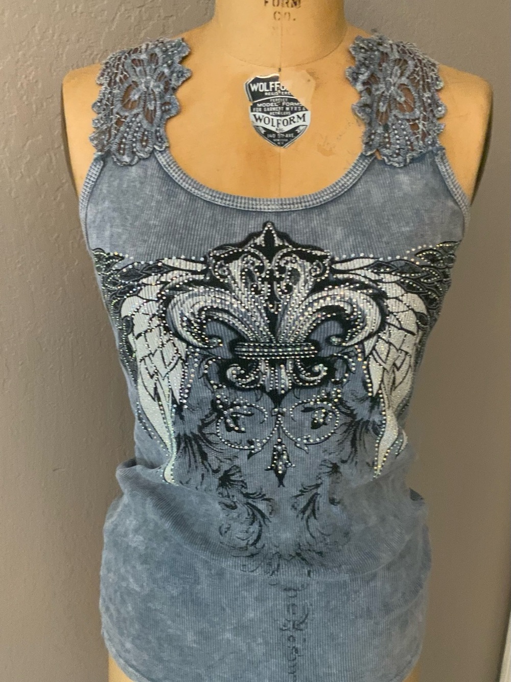 Vocal Grey Lace-Shoulder Embellished Fleur-de-Lis Tank